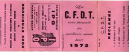 CALENDRIER  CFDT 1972 DEPLIANT - PUBLICITE IPO  SUPERMARCHE VALENCIENNES 59 NORD ( VOIR LES SCANS ) - Small : 1971-80