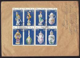 LETTRE GRAND FORMAT DE D.D.R.- TRES BEAU TIMBRAGE- 2 BLOCS DE 4 TIMBRES - THEME : LES PORCELAINES- 1979 - Lettres & Documents