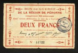 MONNAIE BILLET BON COMMUNAL CARTON 2 FRANCS BON DE GUERRE PERONNE SOMME 80200 RO Et VO 5 SIGNATURES N° 44722 - 2 SCANS - Bons & Nécessité