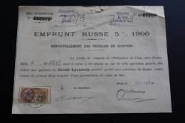 Emprunts Russe 5 % 1906:Renouvellement Feuilles De Coupons Perforé Payé Timbre Fiscal 25c Crédit Lyonnais - Rusland