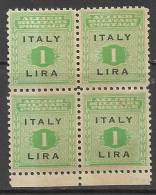 OCCUPAZIONE ANGLO-AMERICANA SICILIA 1943 L. 1 MNH QUARTINA - Anglo-american Occ.: Sicily