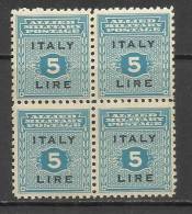 OCCUPAZIONE ANGLO-AMERICANA SICILIA 1943 L. 5 MNH QUARTINA - Anglo-american Occ.: Sicily