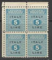 OCCUPAZIONE ANGLO-AMERICANA SICILIA 1943 L. 5 MNH QUARTINA - Occup. Anglo-americana: Sicilia