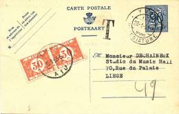 132/20 - Entier Lion Héraldique YVOIR 1953 Vers LIEGE - Taxé Paire Timbres-Taxe 30 C - Cartoline 1951-..
