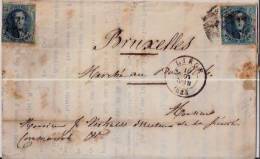 BELGIQUE: 1855:2 X N°7 Sur Lettre De LIEGE Vers BRUXELLES.+ TEXTE.Oblit.Liège Et Bruxelles Double Cercle. - 1851-1857 Médaillons (6/8)