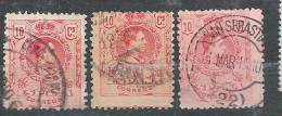 ESPANA, 1909, Yvert N° 244  , Alfonso XIII, 10 C , Lot De 3 Timbres Obl  + VARIETE NUANCES, PIQUAGES, FORMAT , TB - Usados