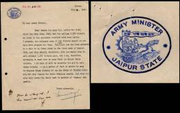 India 1942 Army Minister, Jaipur Sate Crested Letter To Thikana Sikar  # 10639C Inde Indien - Jaipur