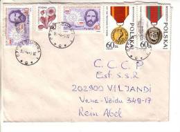 GOOD POLAND Postal Cover To ESTONIA 1990 - Good Stamped: Flower ; Medal ; Ship / Map - Cartas & Documentos