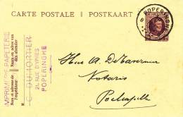 146/20 - Entier Houyoux POPERINGHE 1924 Vers POELCAPELLE - Cachet  Imprimerie-Papeterie  Dumortier - Cartes Postales 1909-1934