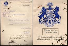 India 1938 Jaipur Sate Forces Crested Letter Coat Of Arms For Arms Renewal Inde Indien # 10410E - Autres & Non Classés