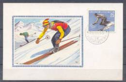 LIECHTENSTEIN MAXI CARD FIRST DAY OVERPRINT SKIING 1955 USED - Usati