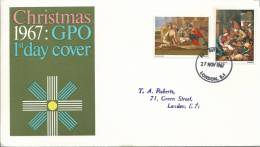 1967 Christmas Set Of 2 Stamps On Neatly Addressed First Day Cover FDI London 27 Nov 1967 - 1952-1971 Pre-Decimal Issues