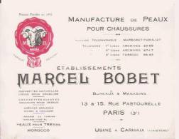 MANUFACTURE DE PEAUX POUR CHAUSSURES ETS MARCEL BOBET (CARTE PUBLICITAIRE USINE A CARHAIX BUREAUX A PARIS) - Carhaix-Plouguer
