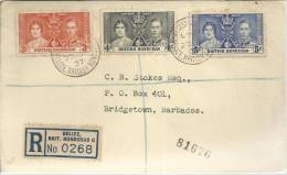 BELIZE BRITISH HONDURAS CORONACION JORGE VI  A BARBADOS 1937 MAT CERTIFCADO AL DORSO MAT TRANSITO POR NEW YORK Y LLEGADA - Brits-Honduras (...-1970)