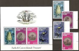 Turks & Caicos 1973 MiNr. 301 - 304 (Block 1) Sea Treasure Hunt Diving Coins 4v + S\sh MNH ** 4,70 € - Turks & Caicos