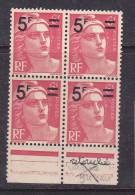 FRANCE N° 827b 5F S 6F ROSE MARIANNE DE GANDON MECHES RETOUCHEES BLOC DE 4  NEUF SANS CHARNIERE - Used Stamps