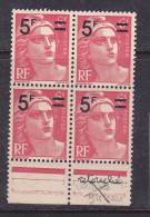 FRANCE N° 827b 5F S 6F ROSE MARIANNE DE GANDON MECHES RETOUCHEES BLOC DE 4  NEUF SANS CHARNIERE - Usados