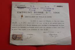 >Emprunt Russe 5 % 1906:Renouvellement Feuilles De Coupons  Timbre Fiscal 25C Société Générale - Russie