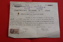 >Emprunt Russe 5 % 1906:Renouvellement Feuilles De Coupons  Timbre Fiscal 25C Société Générale - Rusia