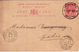 MALTE-VALLETTA MALTA DU 2-5-1899 ENTIER POSTAL POUR GABES TUNISE-CACHET DJERBA REGENCE DE TUNIS ET GABES REGENCE. - Malte (...-1964)