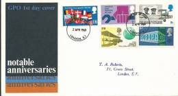 1969 Notable Anniversaries Set Of 5 Stamps On Neatly Addressed First Day Cover FDI London 2 Apr 1969 - 1952-1971 Pre-Decimal Issues