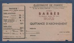 QUITTANCE D´ABONNEMENT ELECTRICITE DE FRANCE SECTION BARBES PARIS 18e - 1946 - Elektrizität & Gas