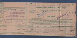 QUITTANCE D´ABONNEMENT COMPAGNIE GENERALE DES EAUX RUE D'ANJOU PARIS 8e - 1946 - Elektriciteit En Gas