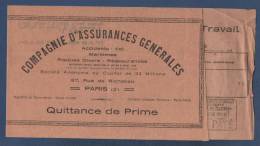 QUITTANCE DE PRIME COMPAGNIE D'ASSURANCES GENERALES RUE DE RICHELIEU PARIS 2e - ACCIDENTS DU TRAVAIL - 1938 - Bank En Verzekering