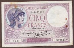 FRANCE 5 FRANCS 2.11.1939  ALPHA H.65961 - 5 F 1917-1940 ''Violet''