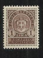 LUOGOTENENZA RECAPITO AUTORIZZATO L. 1 MNH - Recapito Autorizzato