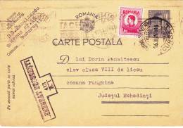 CARD POSTAL STATIONERY,ENTIERS POSTAUX,DOUBLE CENSORED,COMMUNIST PROPAGAND,1944,ROMANIA - Lettres & Documents