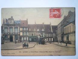 GUINES  (Pas-de-Calais)  :  La Grand'Place , L'Hôtel De Ville , Départ Du  TRAMWAY  (Carte Toilée Couleur) X - Guines