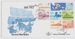 Brunei 1984 FDC + Broucher, Independence, Completete Set Of 7, Map, Flag, - Brunei (1984-...)