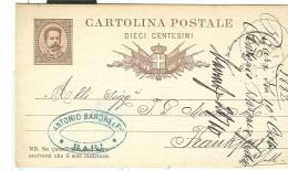 CARTOLINA POSTALE UMBERTO I,  Cent. 10, VIAGGIATA  1882 PER FRANCOFORTE, DITTA ANTONIO BARONE  BARI, - Stamped Stationery