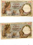 Billet , 100 Francs , Cent , SULLY , 28-9-1939 , 7-3-1940 , Tb , Lot De 2 BILLETS - 100 F 1939-1942 ''Sully''