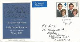 1981 Royal Wedding  Set Of 2 Stamps On Neatly Addressed First Day Cover FDI Romford  22 Jul 1981 - 1981-1990 Em. Décimales