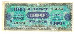 Billets) 100 FRS  France -  1945  -  Serie 8  - N° 93565285   (  3  épinglages  + Plis ) - 1945 Verso Frankreich