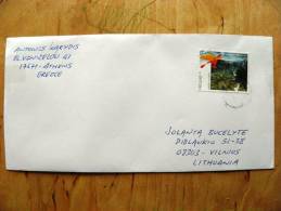 Cover Sent From Greece To Lithuania, Canoe  Boat River Landscape - Lettres & Documents