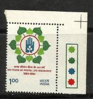 INDIA,1984,POSTAL LIFE INSURANCE CENTENARY, WITH TRAFFIC LIGHTS  Top Right, Yvert 794, MNH(**) - Ungebraucht