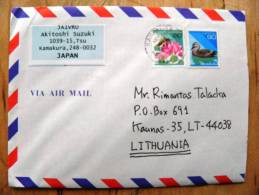 Cover Sent From Japan To Lithuania, Animals Bird Bee Duck - Lettres & Documents