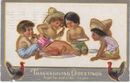 Thanksgiving Greetings From Far And Wide, Boys Carve Turkey, C1900s/10s Vintage Embossed Postcard - Thanksgiving
