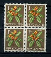 NEW  ZEALAND   1960    Karaka    1d  Orange  Green  Lake  And  Brown   Block  Of  4   MH - Nuevos