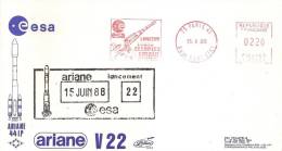 ARIANE V22 Départ Lanceur Cachet Officiel Esa Oblitération PARIS Du 15/6/1988 - Europe