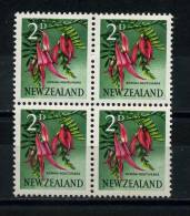 NEW  ZEALAND   1960     KOWHAI  NGUTU  2d  Carmine  Black  Yellow  And  Green    Block  Of  4    MH - Neufs