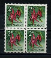 NEW  ZEALAND   1960     KOWHAI  NGUTU  2d  Carmine  Black  Yellow  And  Green    Block  Of  4    MH - Neufs