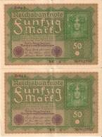 LOTE DE 2 BILLETES CORRELATIVOS  DE ALEMANIA DE 50 MARKS  DEL AÑO 1919 CALIDAD EBC+  (BANK NOTE) - 50 Mark