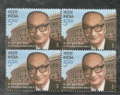 INDIA, 2009, Dr Krishna Kumar Birla, Industrialist, Block Of 4,  MNH,(**) - Neufs