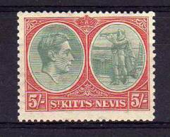St Kitts Nevis - 1938/50 - 5/- Definitive (Ordinary Paper, Perf 13 X 12) - MH - St.Christopher, Nevis En Anguilla (...-1980)