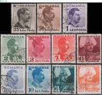 ROMANIA, 1935, King Carol II; Sc. 446-51, 53-54, 56, 58-59, Mi. 489-92, 494, 496, 498-99, 502, 505-06 - Used Stamps