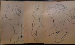 NU EROTIQUE - LOT De 3 DESSINS POCHOIR - Reproduction - FEMME NUE - Drawings